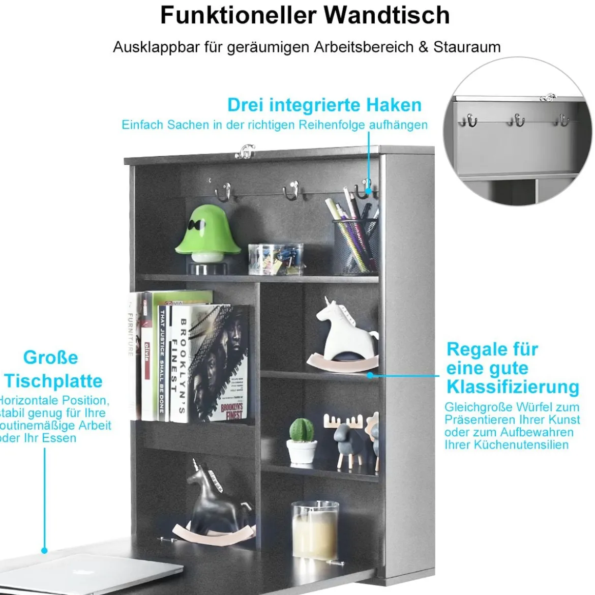 An der Wand Befestigter Tisch Ausklappbarer Umwandelbarer Schreibtisch 60 x 15,5 x 75 cm Grau
