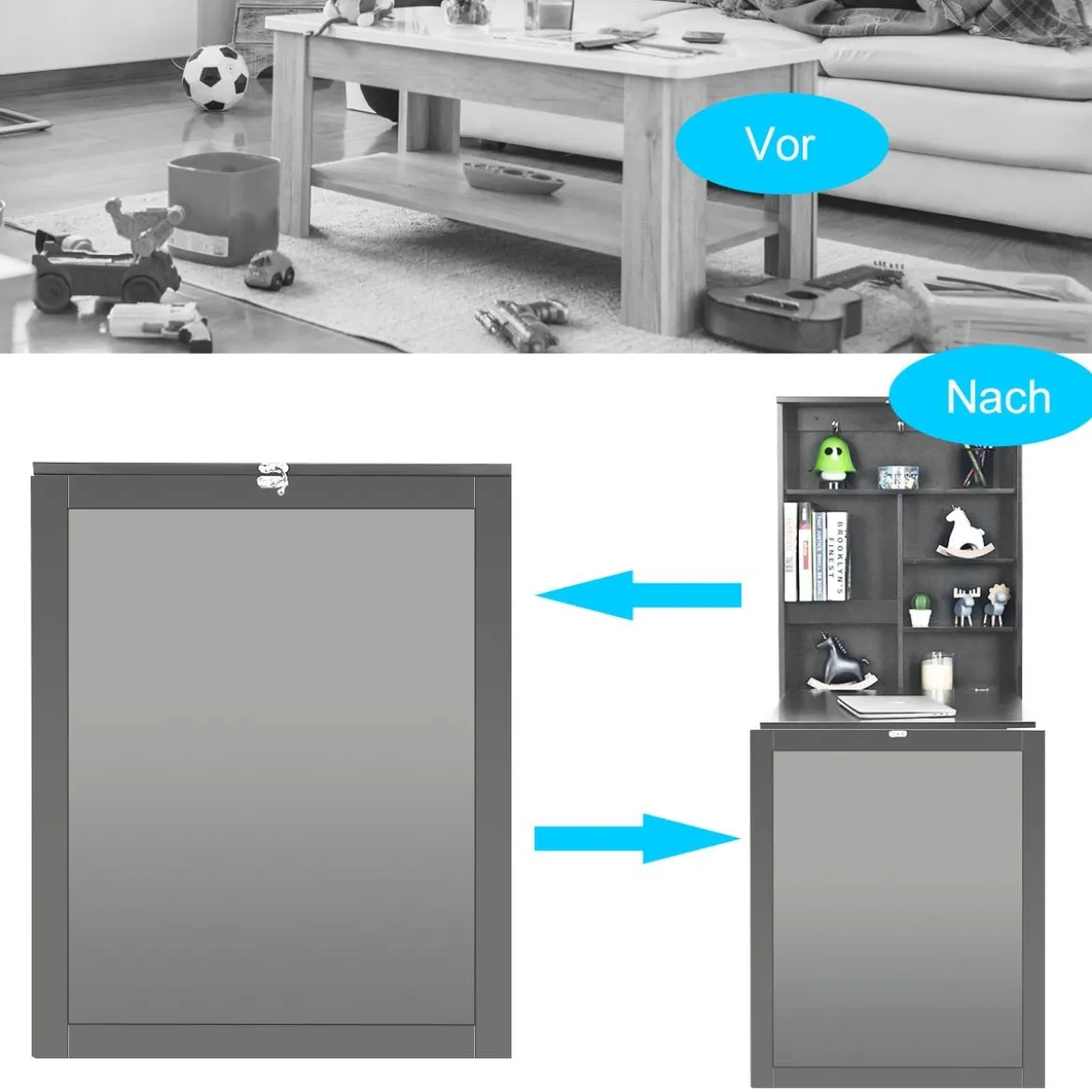 An der Wand Befestigter Tisch Ausklappbarer Umwandelbarer Schreibtisch 60 x 15,5 x 75 cm Grau