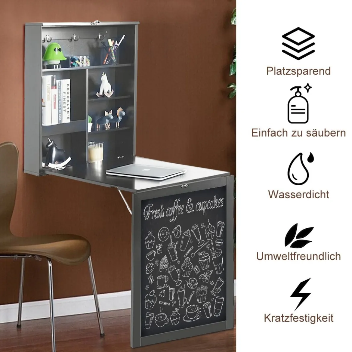 An der Wand Befestigter Tisch Ausklappbarer Umwandelbarer Schreibtisch 60 x 15,5 x 75 cm Grau