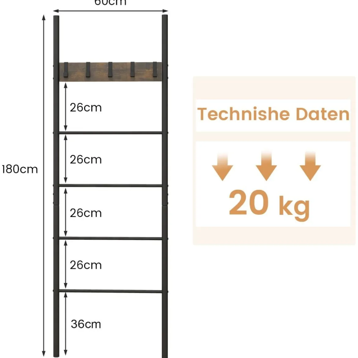 An der Wand lehnende Deckenleiter 5-stufiges Leiterregal mit 5 abnehmbaren Haken Rustikales Braun