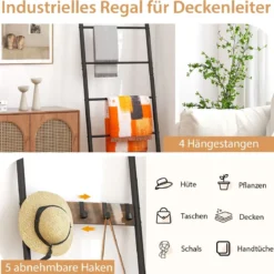 An der Wand lehnende Deckenleiter 5-stufiges Leiterregal mit 5 abnehmbaren Haken Rustikales Braun