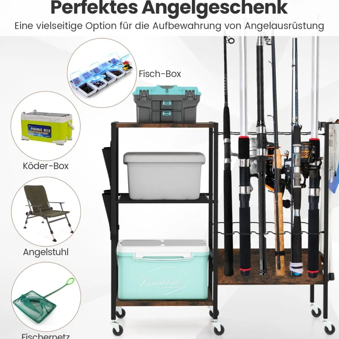 Angelrutenhalter mit Feststellbaren Universalrädern Gerätewagen Angelausrüstungs Organizer