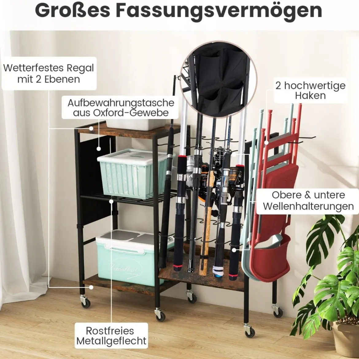 Angelrutenhalter mit Feststellbaren Universalrädern Gerätewagen Angelausrüstungs Organizer