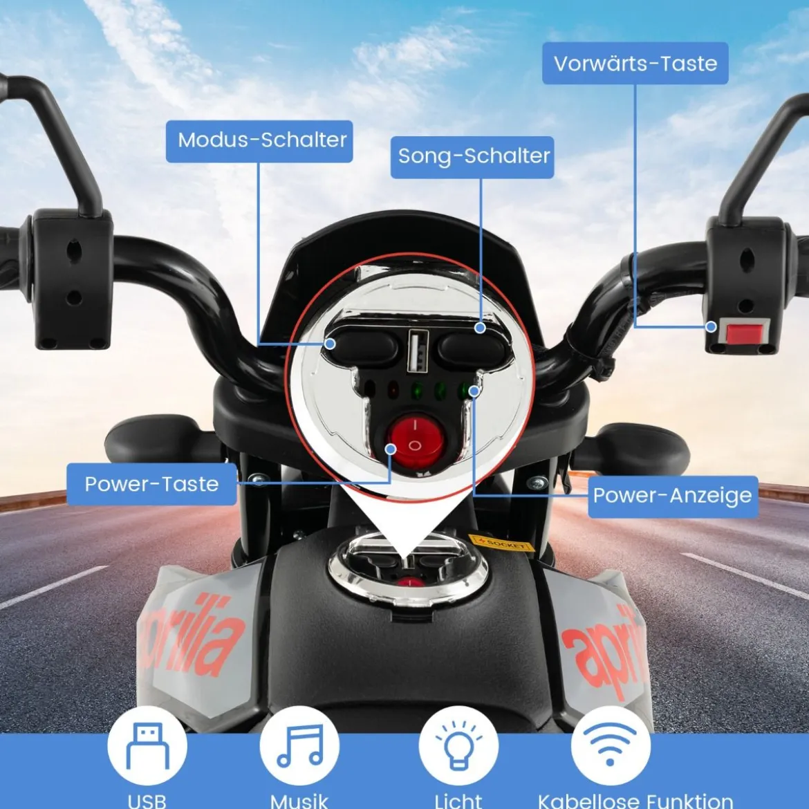 Aprilia Elektro Kindermotorrad mit Stützrädern & Musik & Scheinwerfer 12V Kinder Motorrad