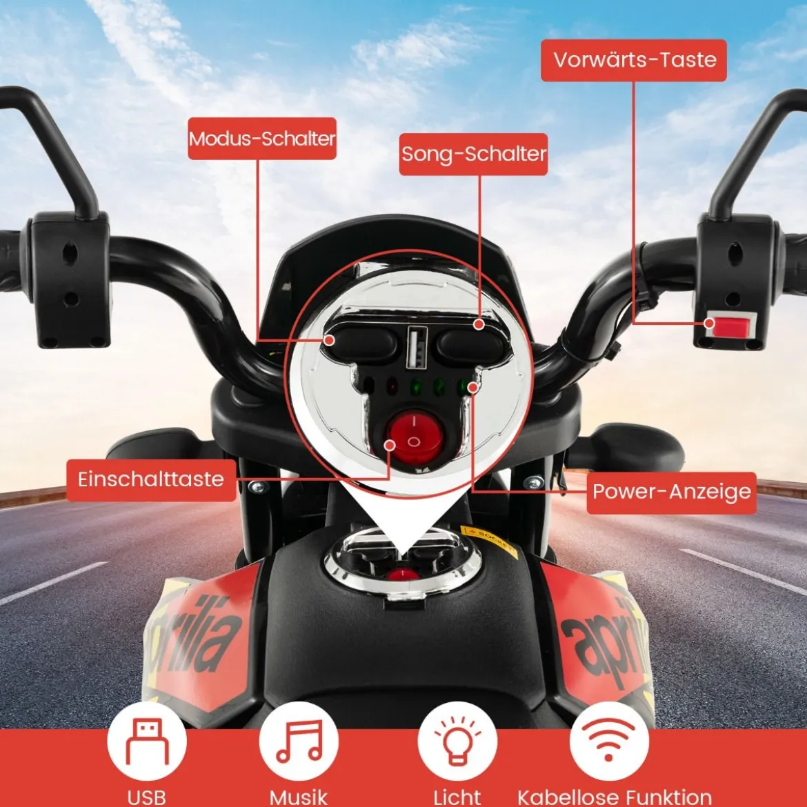 Aprilia Elektro Kindermotorrad mit Stützrädern & Musik & Scheinwerfer 12V Kinder Motorrad
