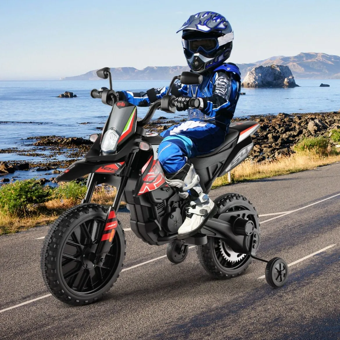 Aprilia Elektro Kindermotorrad mit Stützrädern & Musik & Scheinwerfer 12V Kinder Motorrad