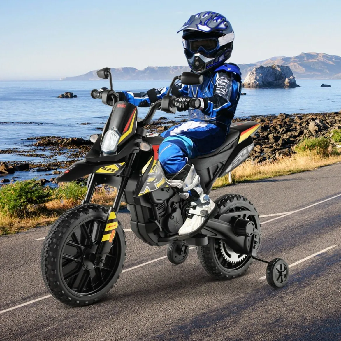 Aprilia Elektro Kindermotorrad mit Stützrädern & Musik & Scheinwerfer 12V Kinder Motorrad
