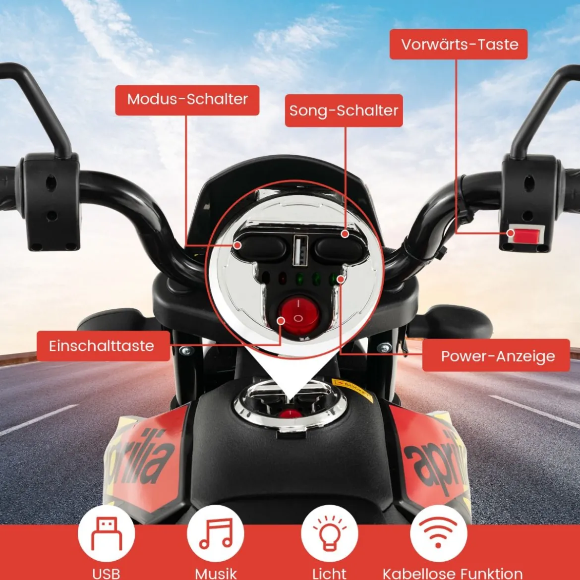 Aprilia Elektro Kindermotorrad mit Stützrädern & Musik & Scheinwerfer 12V Kinder Motorrad