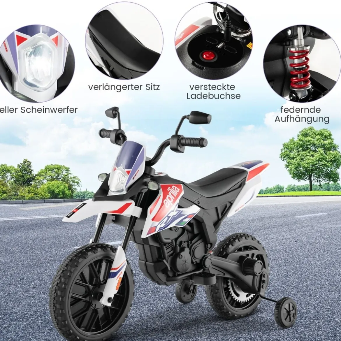 Aprilia Elektro Kindermotorrad mit Stützrädern & Musik & Scheinwerfer 12V Kinder Motorrad