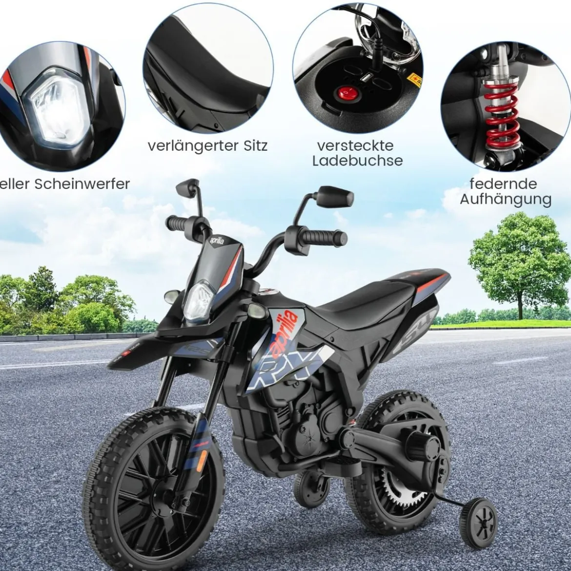 Aprilia Elektro Kindermotorrad mit Stützrädern & Musik & Scheinwerfer 12V Kinder Motorrad