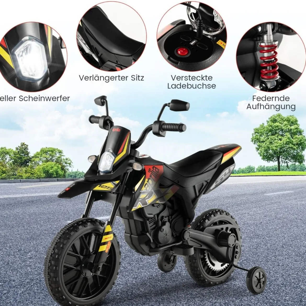 Aprilia Elektro Kindermotorrad mit Stützrädern & Musik & Scheinwerfer 12V Kinder Motorrad