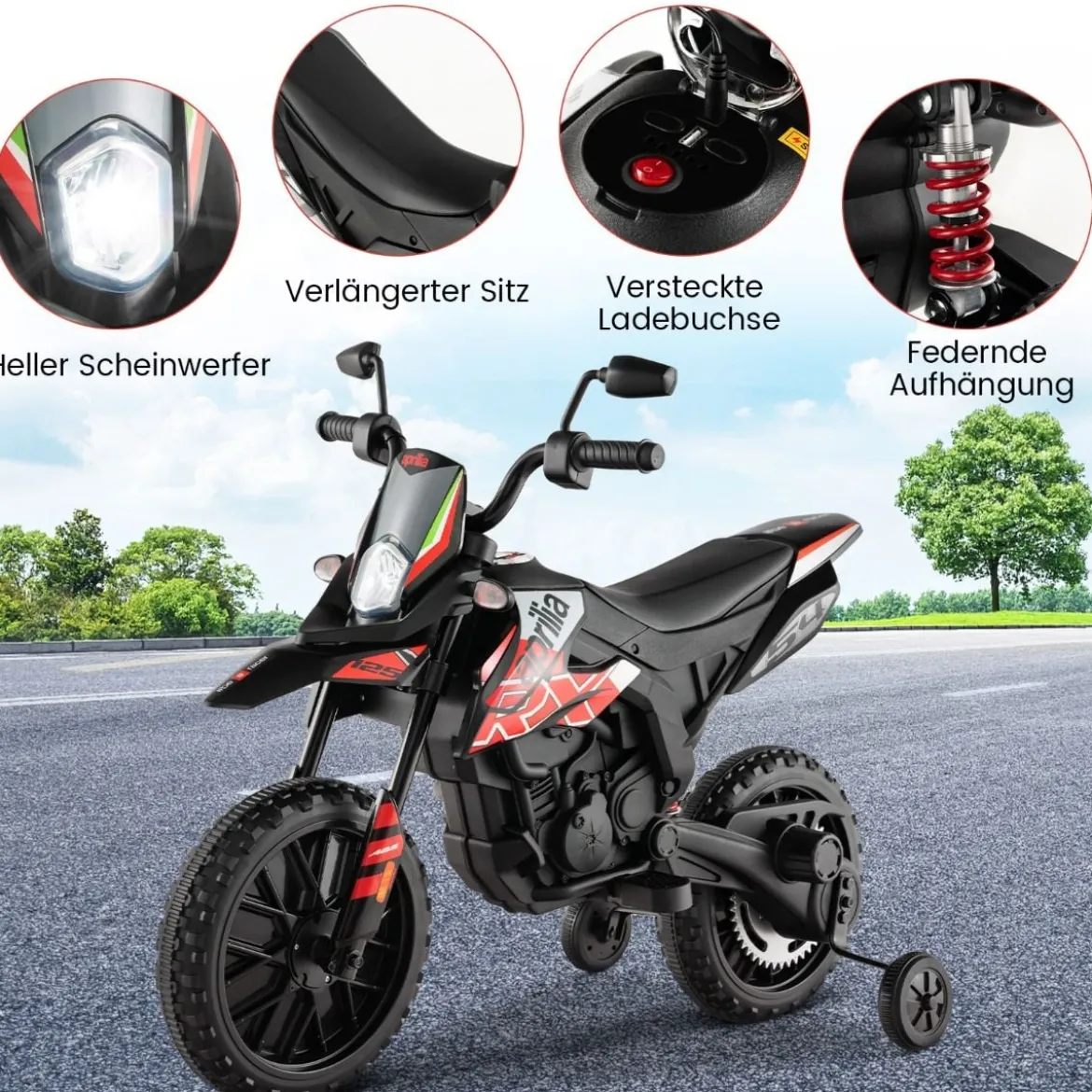 Aprilia Elektro Kindermotorrad mit Stützrädern & Musik & Scheinwerfer 12V Kinder Motorrad