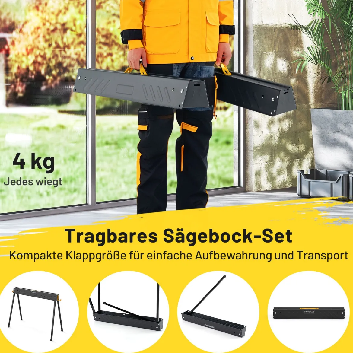 Arbeitsbock 2er Set bis 500KG belastbar Böcke klappbar Sägebock mit 2 x 4 Stützarmen 94 x 47 x 74 cm Schwarz