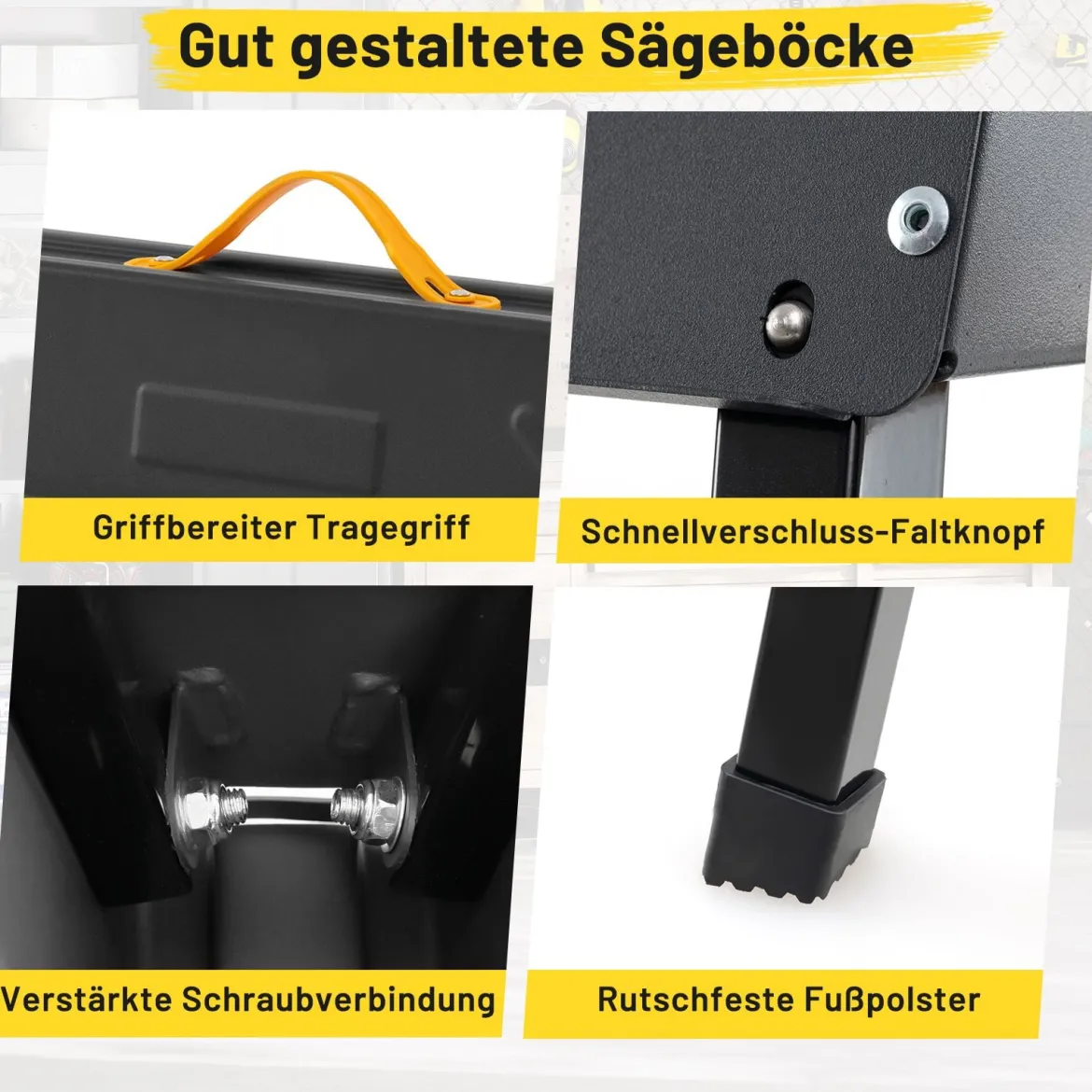 Arbeitsbock 2er Set bis 500KG belastbar Böcke klappbar Sägebock mit 2 x 4 Stützarmen 94 x 47 x 74 cm Schwarz