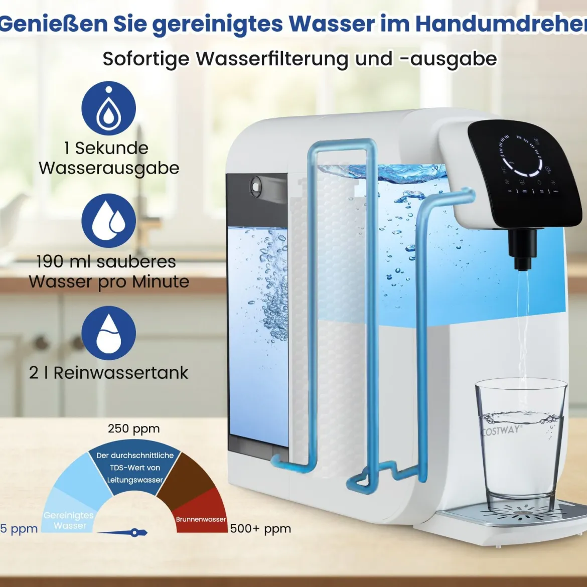Arbeitsplatte Wasserfilter 5-stufiges RO+PPC Wasserfiltrationssystem mit UV-Licht Umkehrosmoseanlage