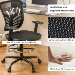 Arbeitsstuhl Bürostuhl ergonomisch Sitzhöhe 54-75 cm Hoher Drehstuhl mit hochklappbaren Armlehnen Schwarz