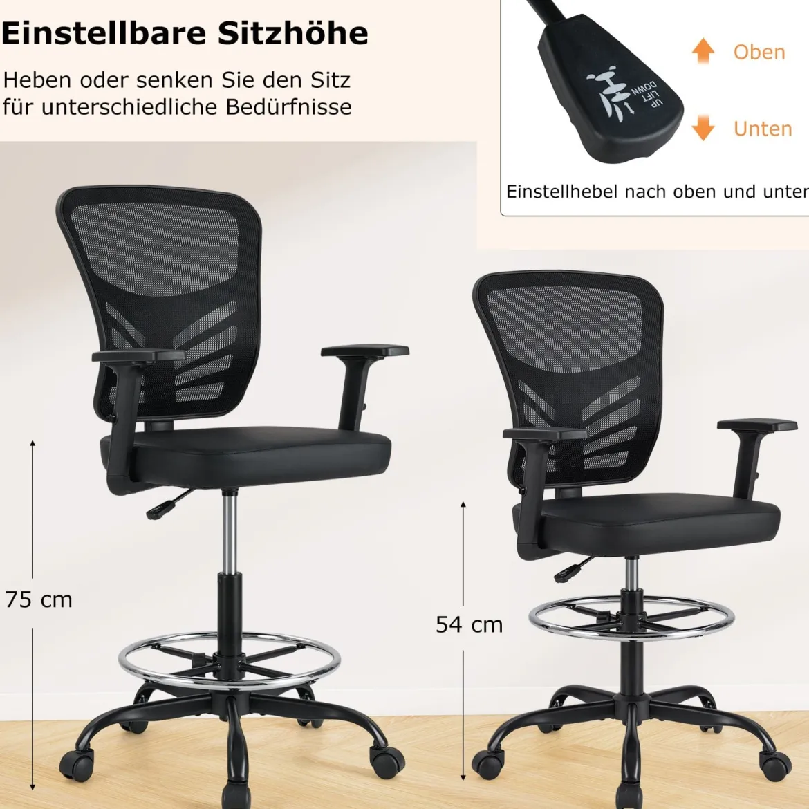 Arbeitsstuhl Bürostuhl ergonomisch Sitzhöhe 54-75 cm Hoher Drehstuhl mit hochklappbaren Armlehnen Schwarz
