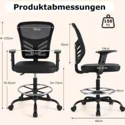 Arbeitsstuhl Bürostuhl ergonomisch Sitzhöhe 54-75 cm Hoher Drehstuhl mit hochklappbaren Armlehnen Schwarz