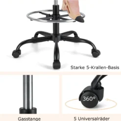 Arbeitsstuhl Bürostuhl ergonomisch Sitzhöhe 54-75 cm Hoher Drehstuhl mit hochklappbaren Armlehnen Schwarz