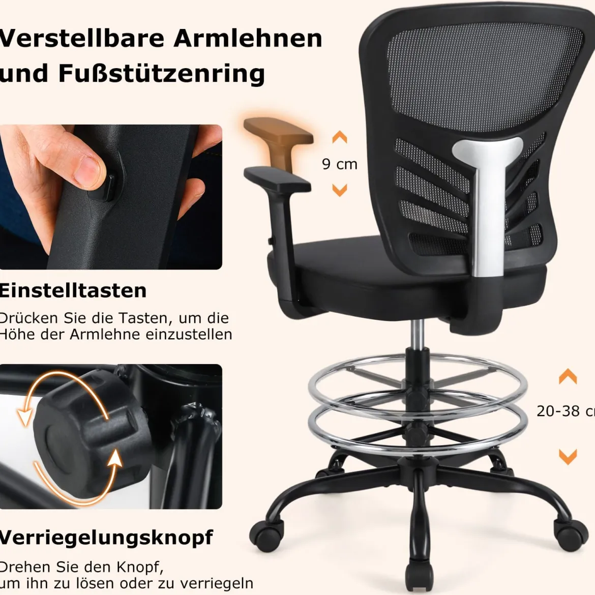Arbeitsstuhl Bürostuhl ergonomisch Sitzhöhe 54-75 cm Hoher Drehstuhl mit hochklappbaren Armlehnen Schwarz