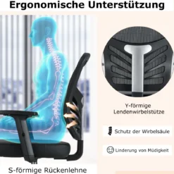 Arbeitsstuhl Bürostuhl ergonomisch Sitzhöhe 54-75 cm Hoher Drehstuhl mit hochklappbaren Armlehnen Schwarz