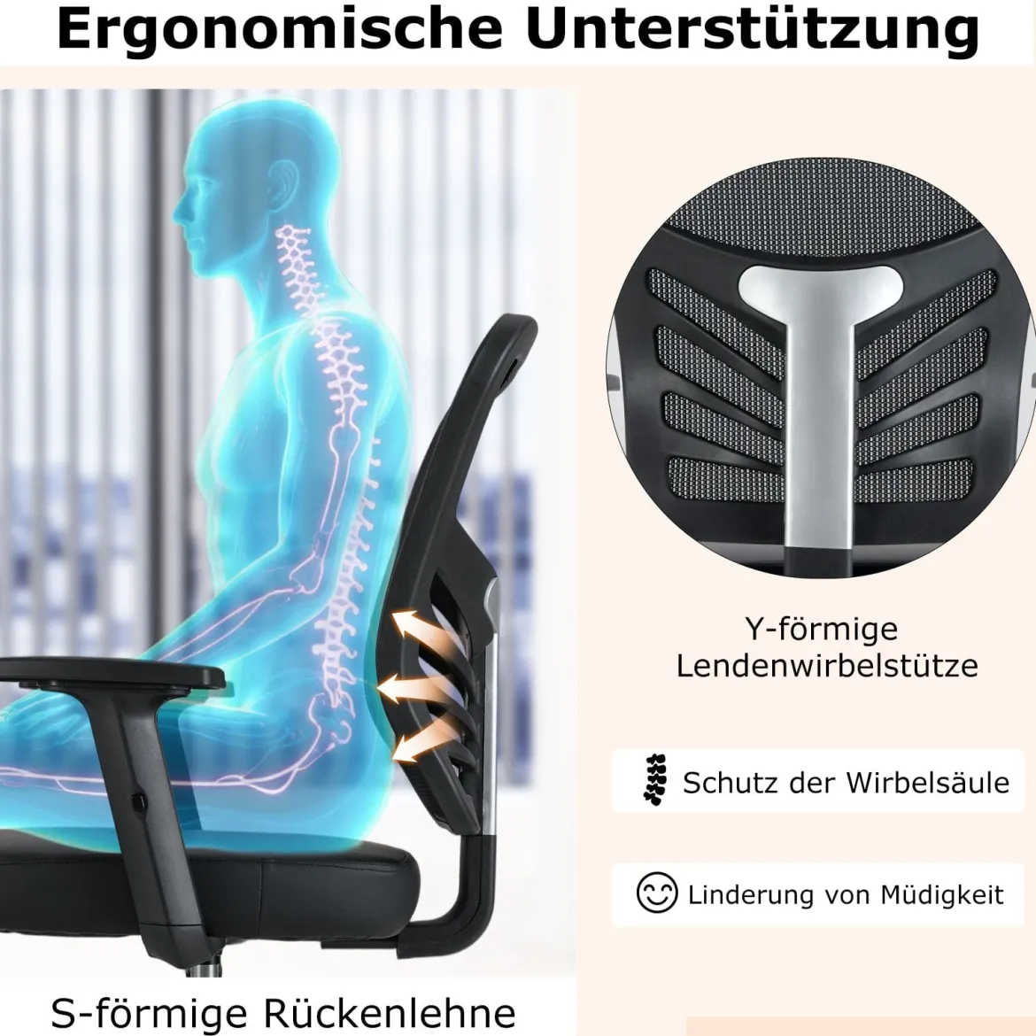 Arbeitsstuhl Bürostuhl ergonomisch Sitzhöhe 54-75 cm Hoher Drehstuhl mit hochklappbaren Armlehnen Schwarz