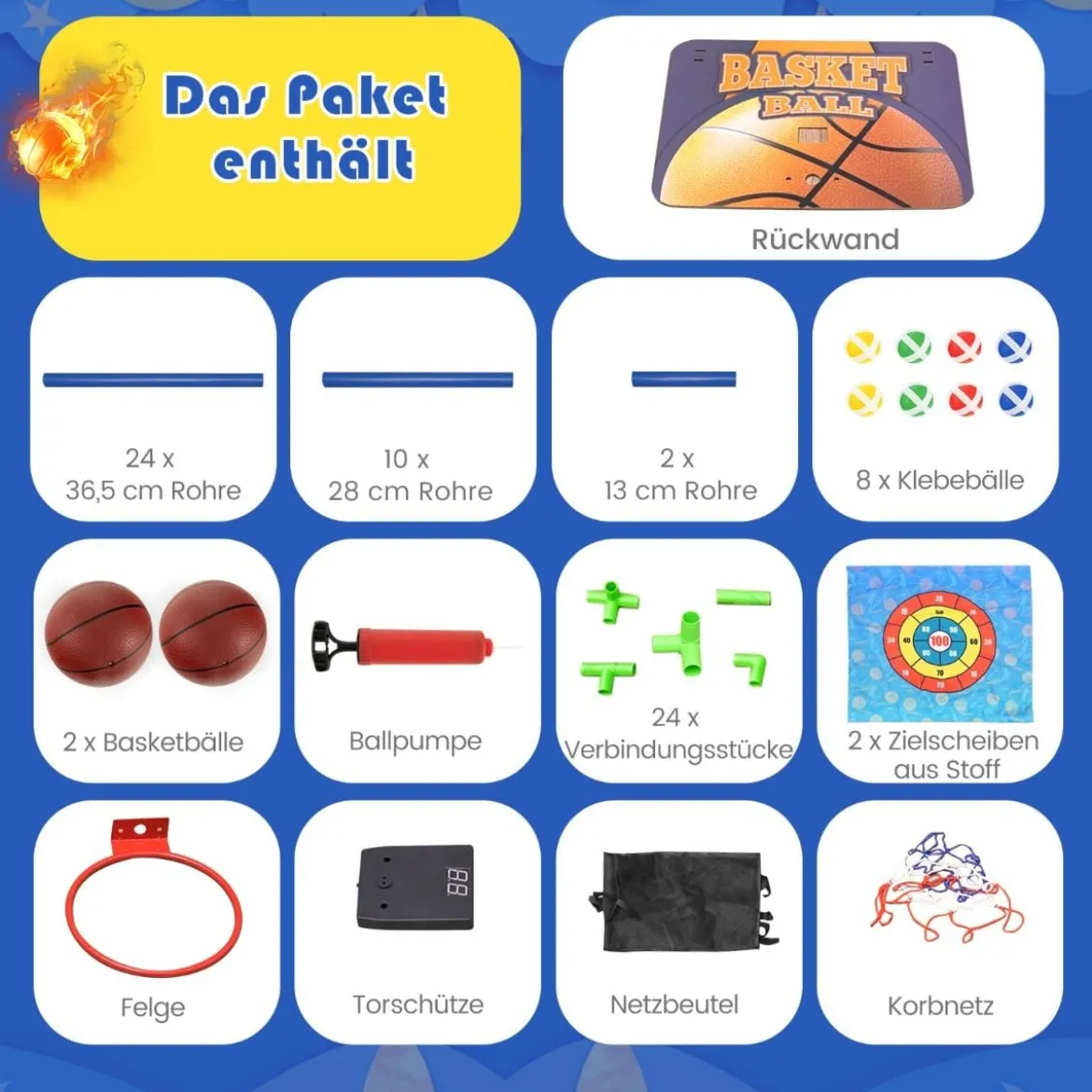 Arcade Basketball Spielset mit Anzeigetafel & Soundeffekt inkl. 2 Basketbälle & Pumpe Blau