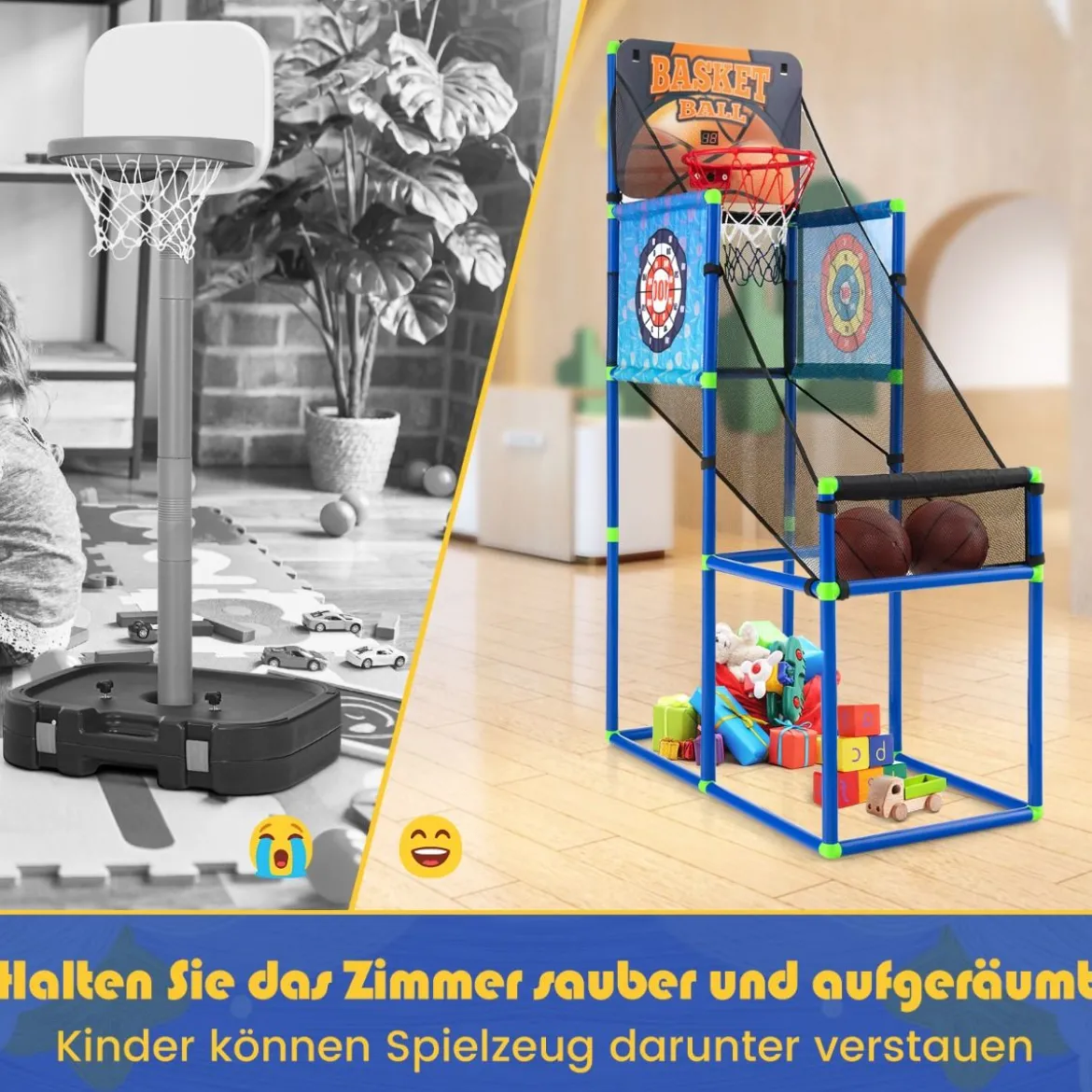 Arcade Basketball Spielset mit Anzeigetafel & Soundeffekt inkl. 2 Basketbälle & Pumpe Blau
