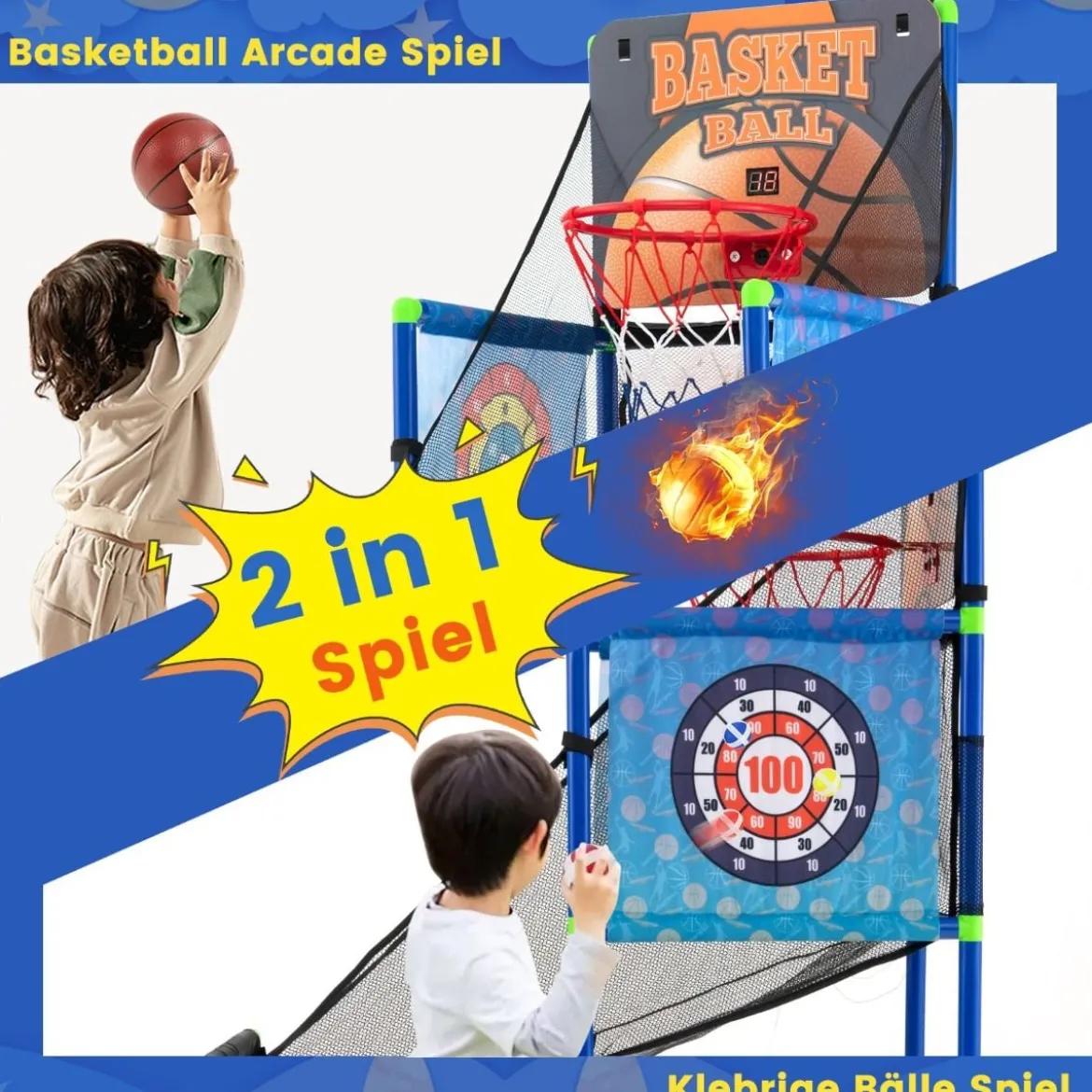 Arcade Basketball Spielset mit Anzeigetafel & Soundeffekt inkl. 2 Basketbälle & Pumpe Blau