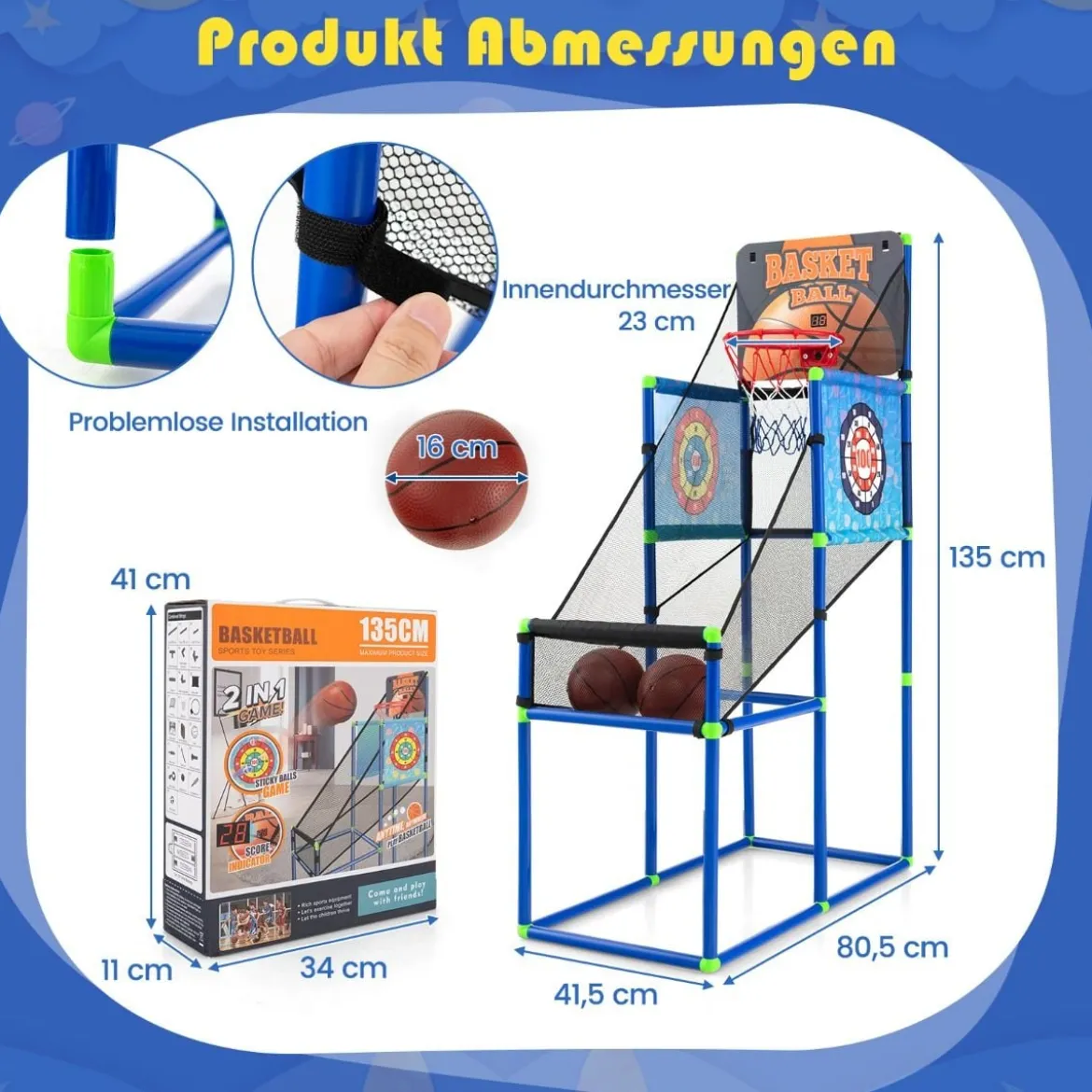 Arcade Basketball Spielset mit Anzeigetafel & Soundeffekt inkl. 2 Basketbälle & Pumpe Blau