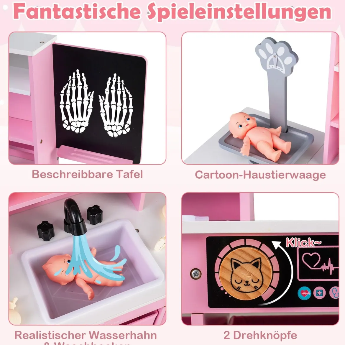Arztpraxis-Spielset Holz-Medizinisches Zentrum mit Tafel Tierwaage Wasserhahn für Kinder ab 3 Jahren Rosa
