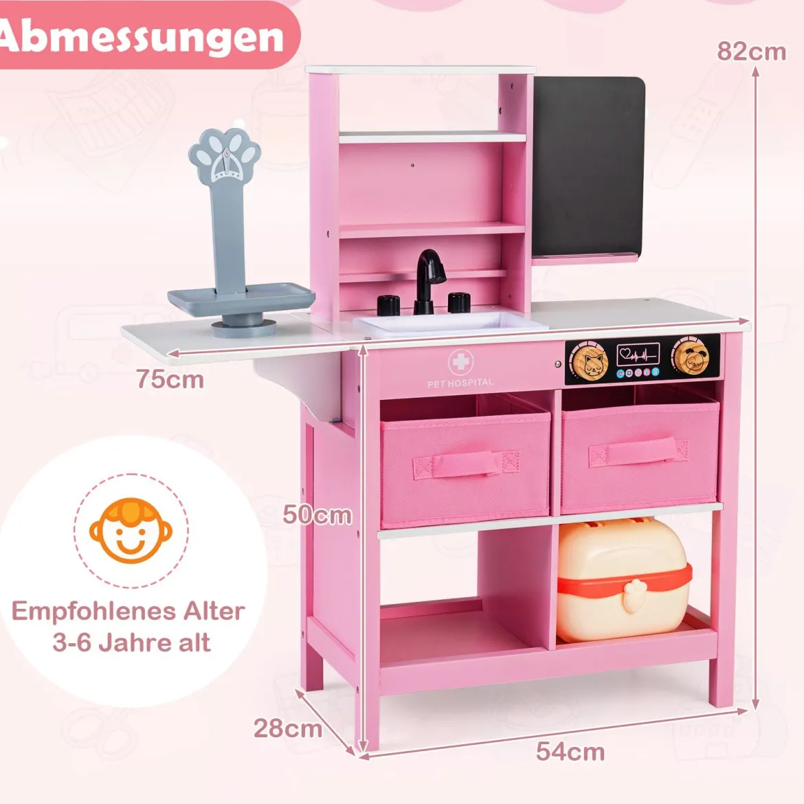Arztpraxis-Spielset Holz-Medizinisches Zentrum mit Tafel Tierwaage Wasserhahn für Kinder ab 3 Jahren Rosa