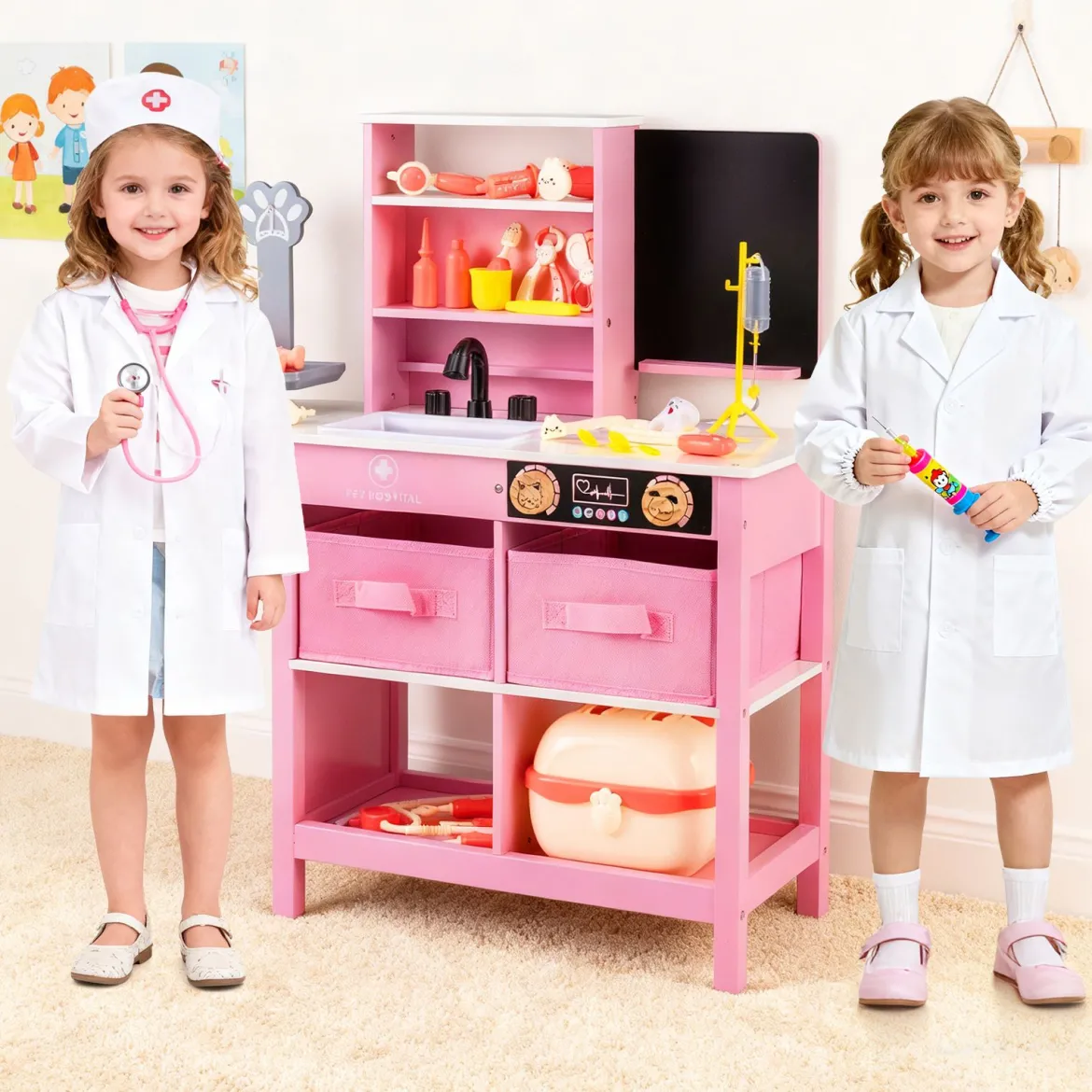 Arztpraxis-Spielset Holz-Medizinisches Zentrum mit Tafel Tierwaage Wasserhahn für Kinder ab 3 Jahren Rosa