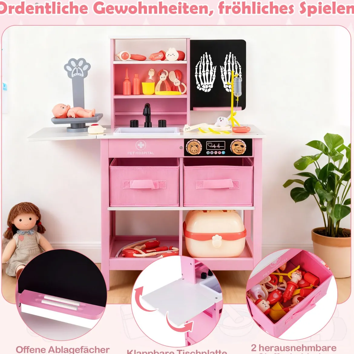 Arztpraxis-Spielset Holz-Medizinisches Zentrum mit Tafel Tierwaage Wasserhahn für Kinder ab 3 Jahren Rosa