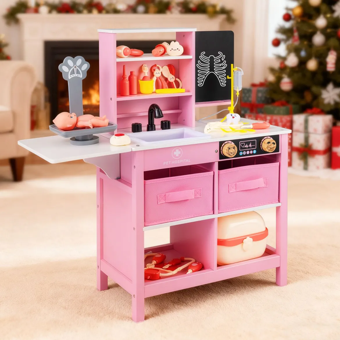 Arztpraxis-Spielset Holz-Medizinisches Zentrum mit Tafel Tierwaage Wasserhahn für Kinder ab 3 Jahren Rosa