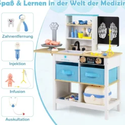 Arztpraxis-Spielset Holz-Medizinisches Zentrum mit Tafel Tierwaage Wasserhahn für Kinder ab 3 Jahren Weiß