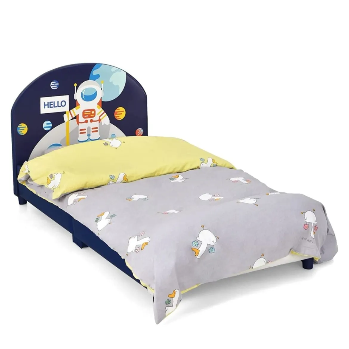 Astronauten-Muster Babybett Einzelbett mit weichem Kopfteil 151 x 76 x 70 cm Dunkelblau