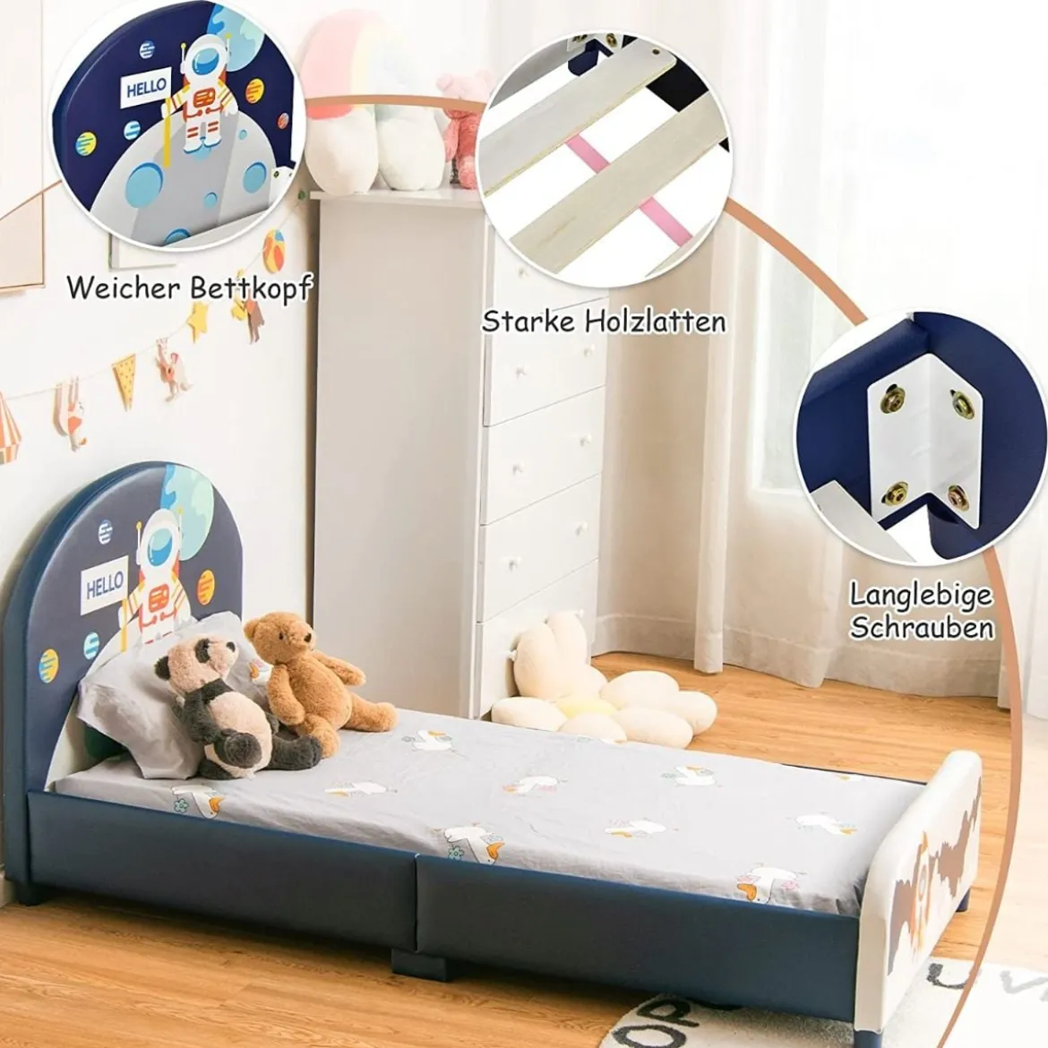 Astronauten-Muster Babybett Einzelbett mit weichem Kopfteil 151 x 76 x 70 cm Dunkelblau