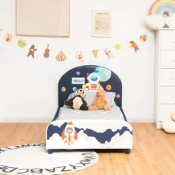 Astronauten-Muster Babybett Einzelbett mit weichem Kopfteil 151 x 76 x 70 cm Dunkelblau