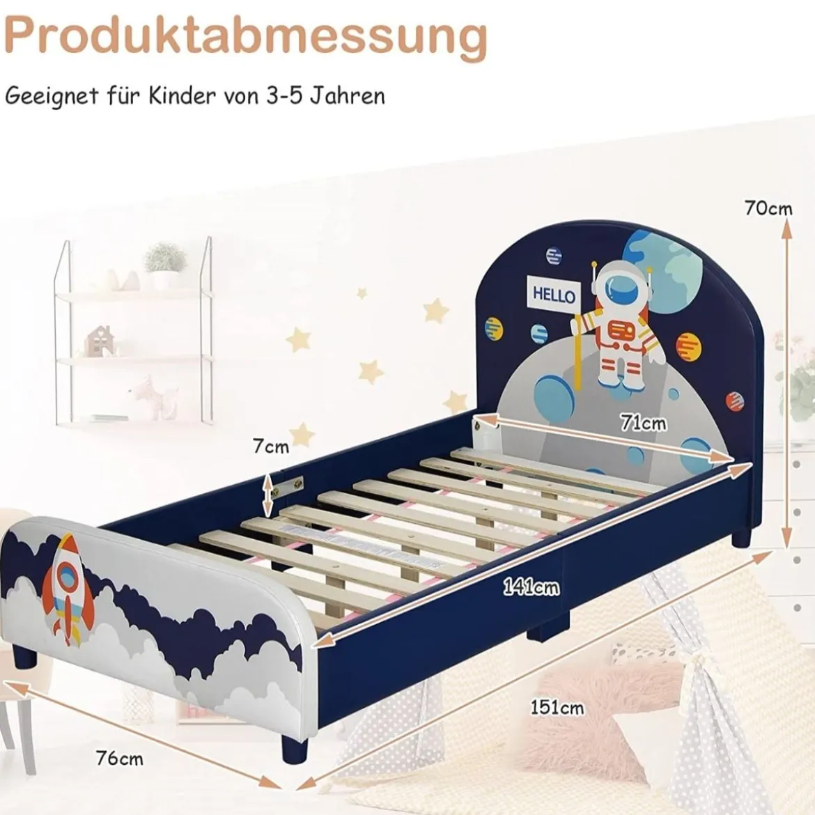 Astronauten-Muster Babybett Einzelbett mit weichem Kopfteil 151 x 76 x 70 cm Dunkelblau