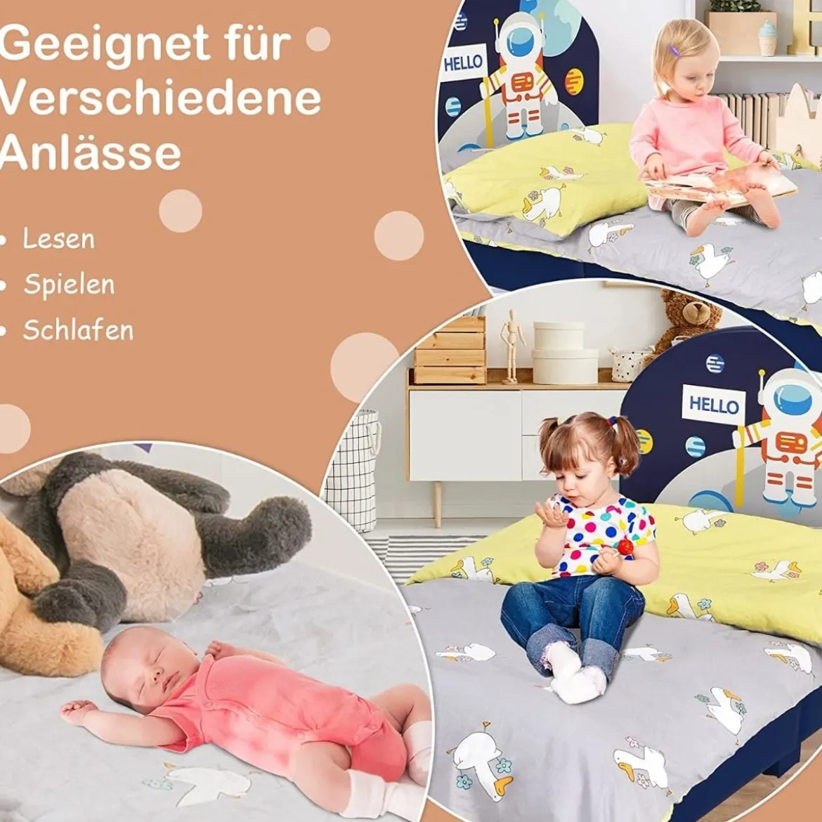 Astronauten-Muster Babybett Einzelbett mit weichem Kopfteil 151 x 76 x 70 cm Dunkelblau