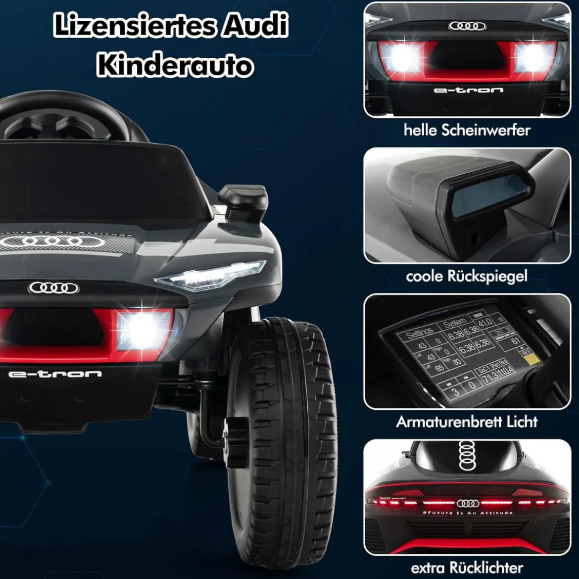 Audi Elektroauto für Kinder 12V elektrisches Kinderauto mit Fernbedienung & LED-Lichtern & 4 Federungen Grau