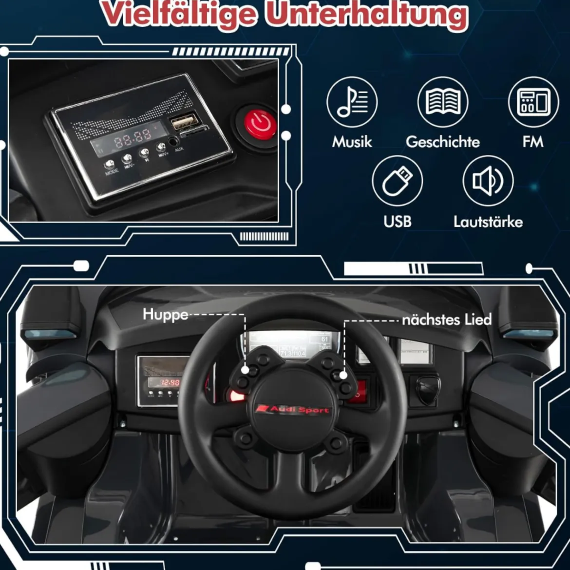 Audi Elektroauto für Kinder 12V elektrisches Kinderauto mit Fernbedienung & LED-Lichtern & 4 Federungen Grau