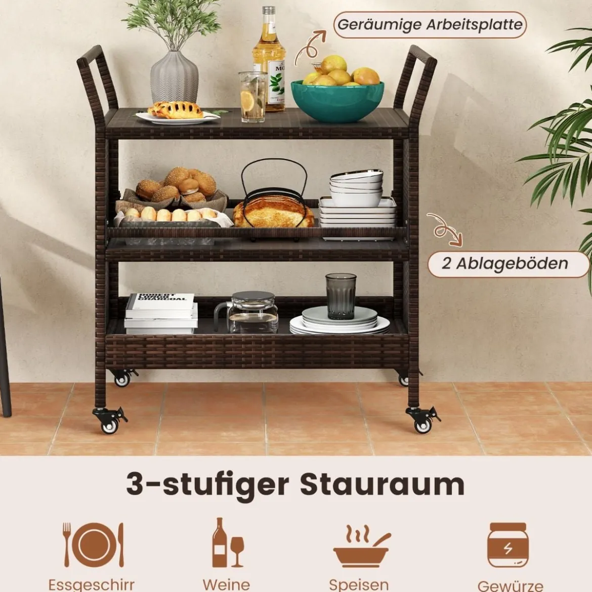 Außen-Barwagen 3-stufiges Patio Rattan-Regal mit arretierbaren Universalrädern & Seitengriffen 86 x 50 x 89 cm