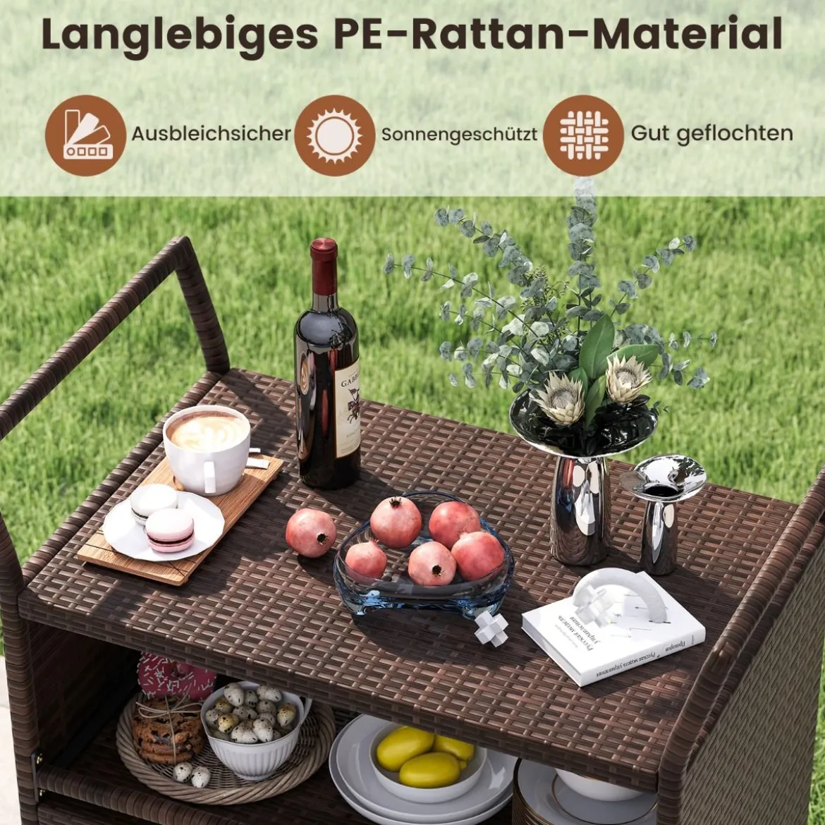 Außen-Barwagen 3-stufiges Patio Rattan-Regal mit arretierbaren Universalrädern & Seitengriffen 86 x 50 x 89 cm
