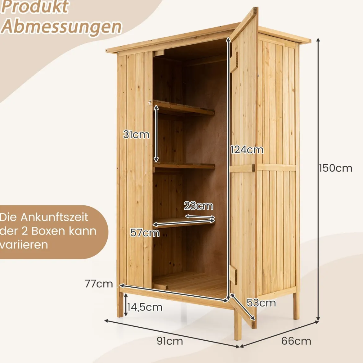 Außenlager-Schrank Holz-Gartenschuppen mit Asphalt-Dach 3 Regalen abschließbare Tür 5 Haken Natur 91 x 66 x 150 cm