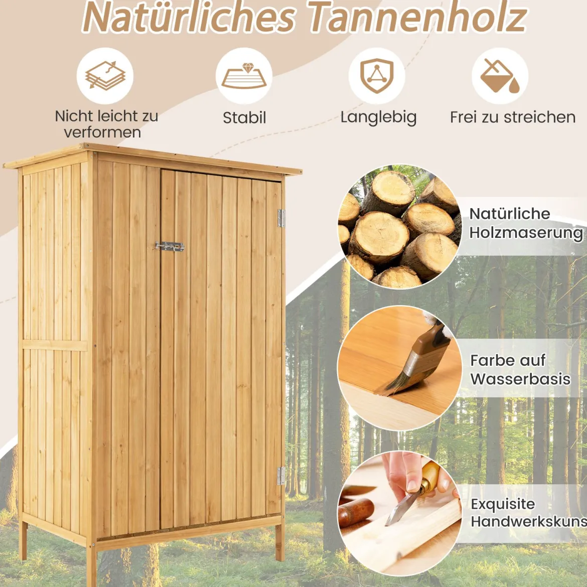 Außenlager-Schrank Holz-Gartenschuppen mit Asphalt-Dach 3 Regalen abschließbare Tür 5 Haken Natur 91 x 66 x 150 cm