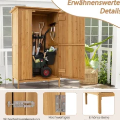 Außenlager-Schrank Holz-Gartenschuppen mit Asphalt-Dach 3 Regalen abschließbare Tür 5 Haken Natur 91 x 66 x 150 cm