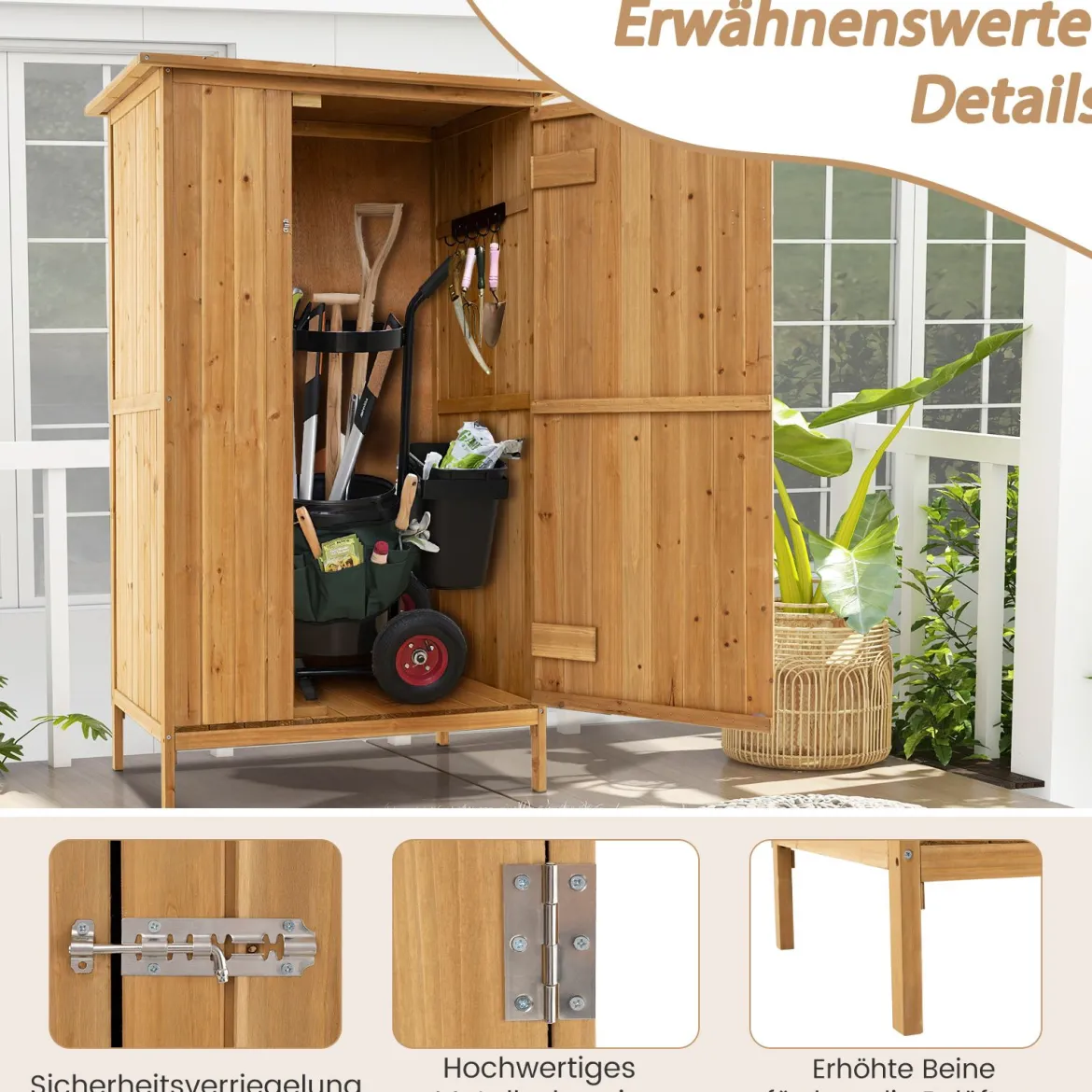 Außenlager-Schrank Holz-Gartenschuppen mit Asphalt-Dach 3 Regalen abschließbare Tür 5 Haken Natur 91 x 66 x 150 cm