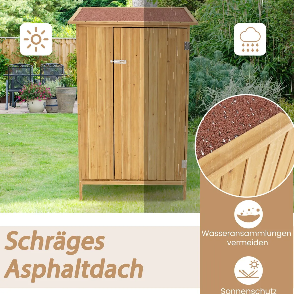 Außenlager-Schrank Holz-Gartenschuppen mit Asphalt-Dach 3 Regalen abschließbare Tür 5 Haken Natur 91 x 66 x 150 cm